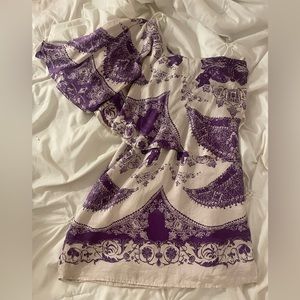Over the shoulder purple paisley print dress